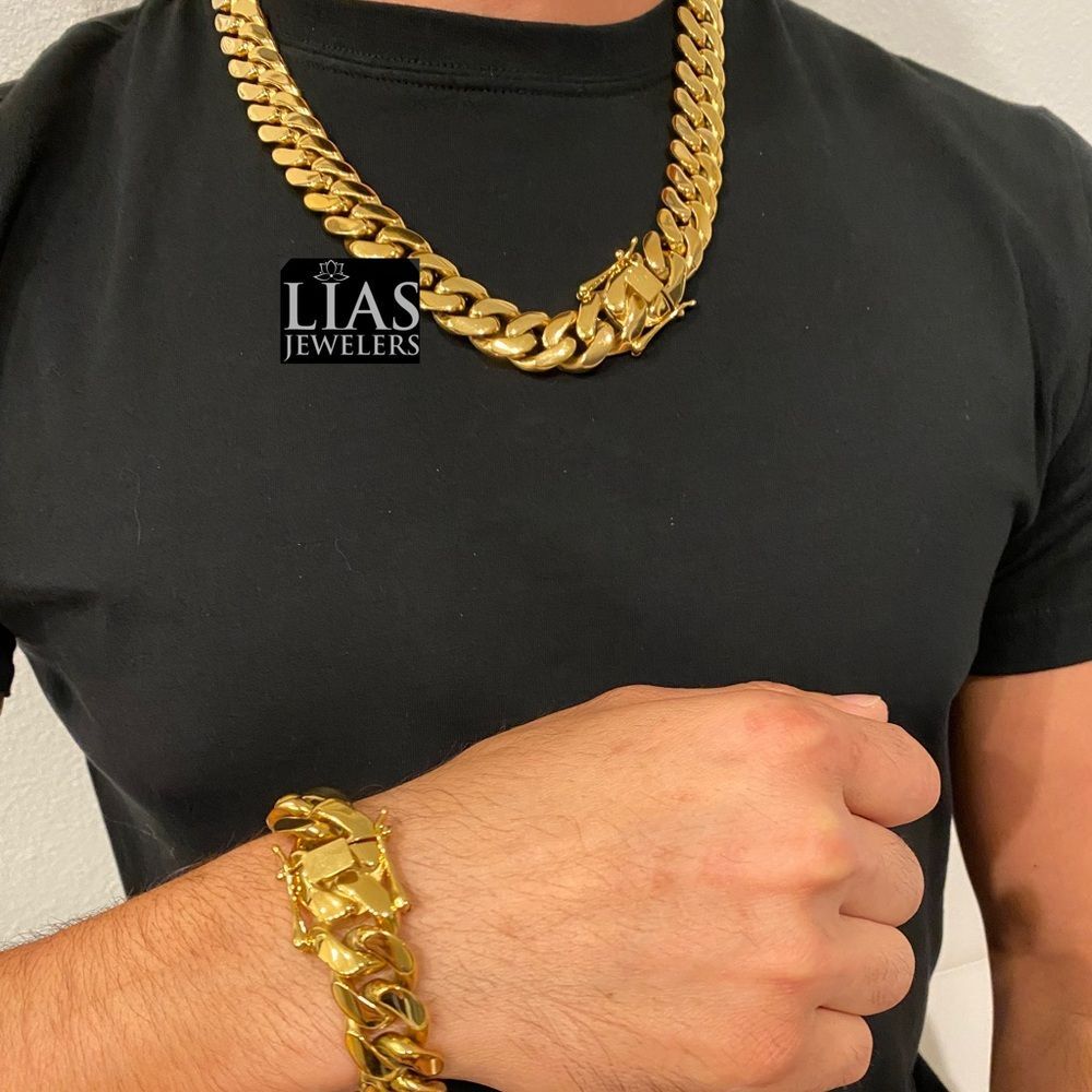 New 18k yellow Gold filled Cuban Link Chain Necklace and Bracelet Set